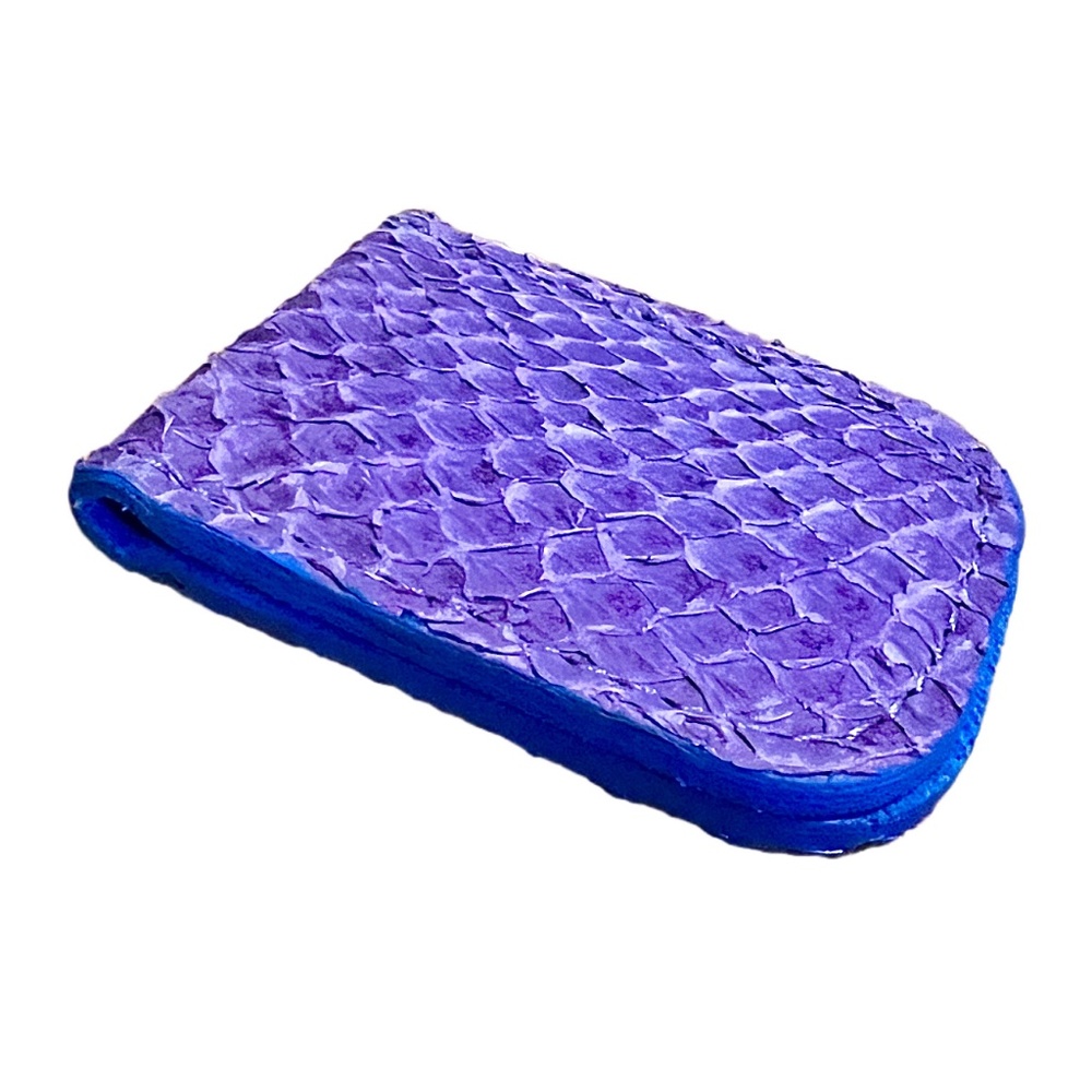 New Italian-Made Purple Leather Snakeskin Money Clip, Blue Suede Interior